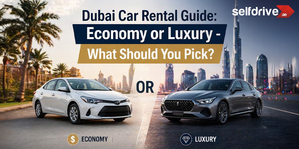 Alt text: "Image titled 'Dubai Car Rental Guide: Economy or Luxury - What Should You Pick?' displays a white economy car and a gray luxury car against a backdrop of Dubai's skyline. The selfdrive.ae logo is in the top right corner."